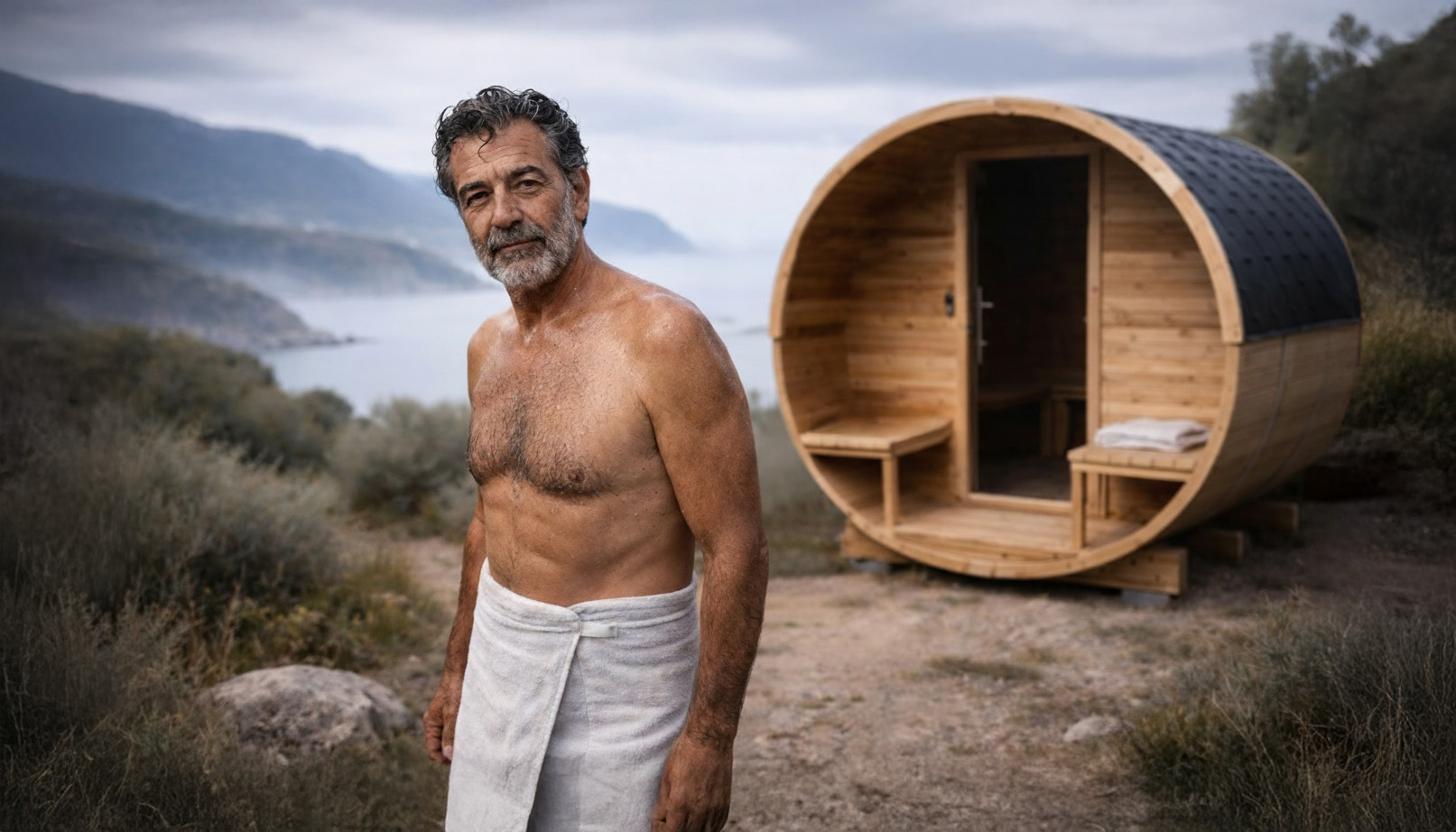 Vizualizace muž před sudovou saunou, zimní Řecko